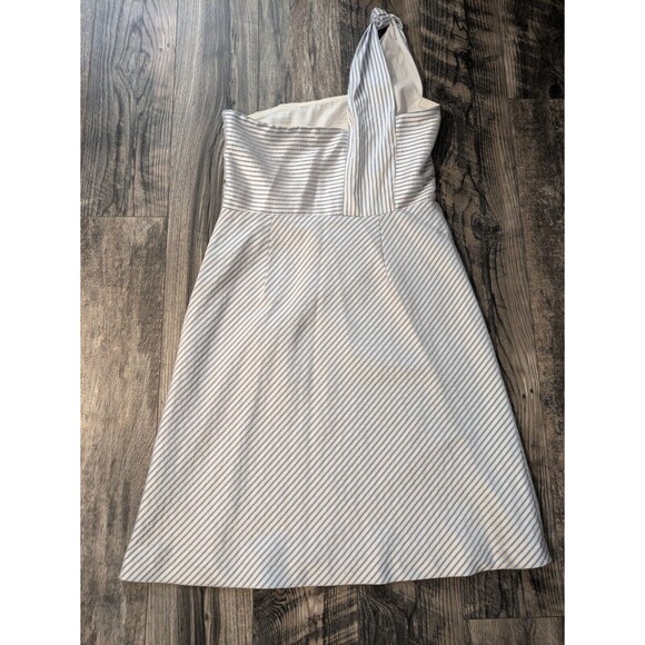 Banana Republic One Shoulder Satin Blue White Stripe Fit and Flare Dress size 8 - Picture 6 of 11